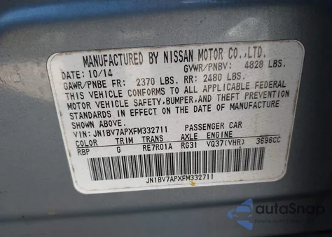 2015 Infiniti Q50 из США, поврежденный, VIN JN1BV7APXFM332711